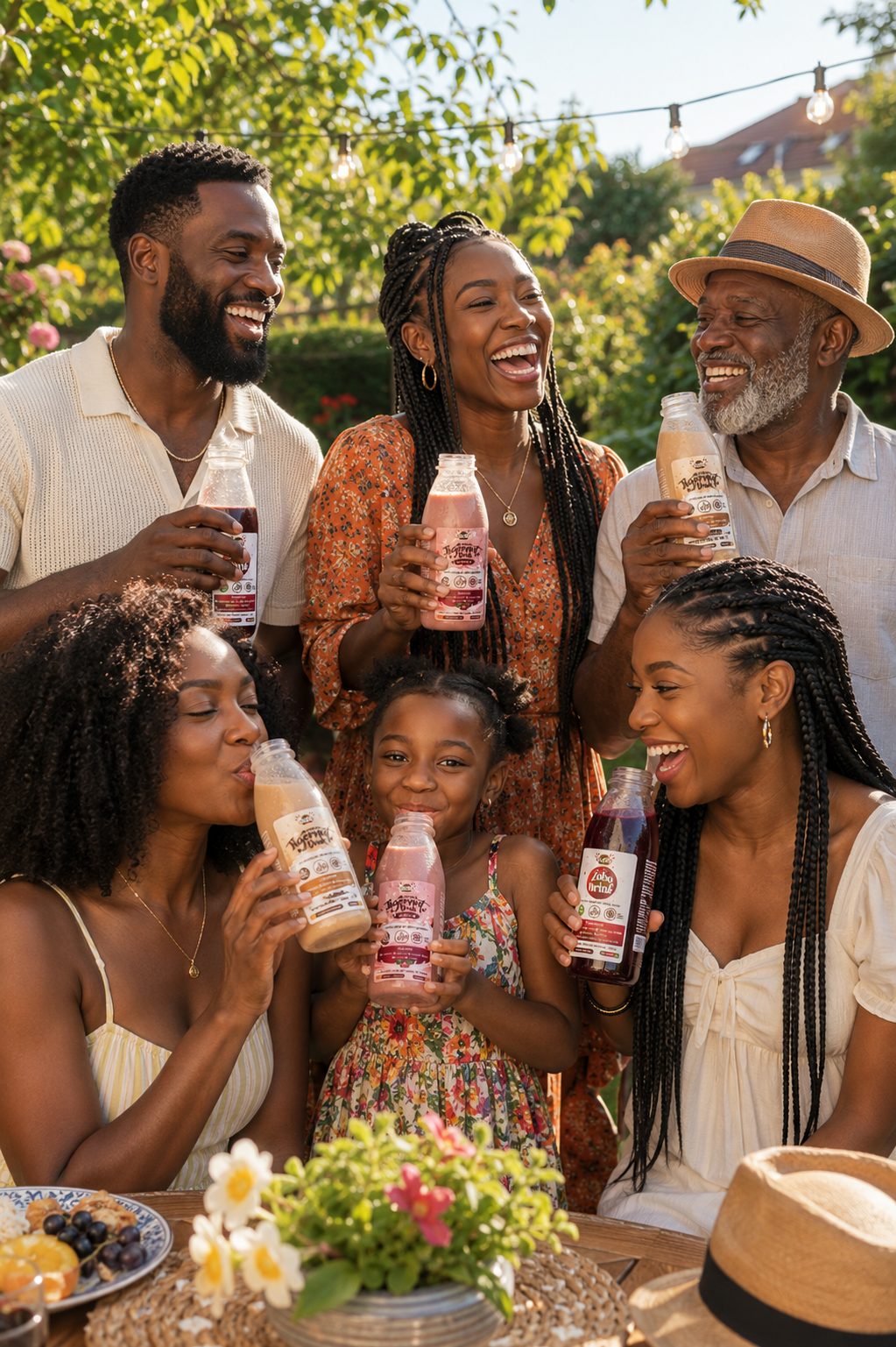 A multigenerational African family enjoying GloezDrinks together at an outdoor celebration