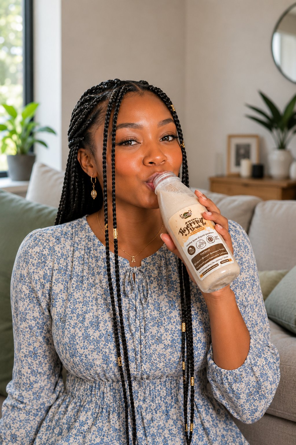 A woman enjoying a chilled GloezDrinks Tigernut drink at home